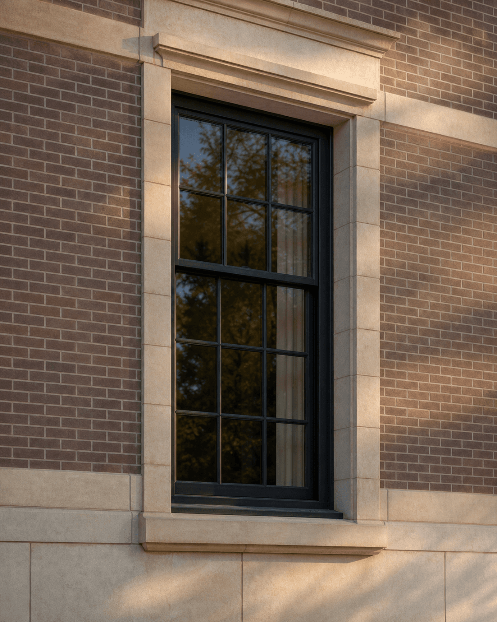 Limestone-framed window in warm morning light